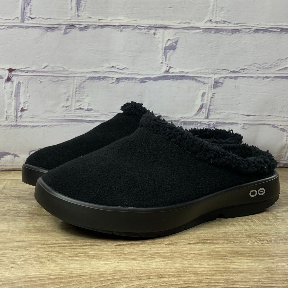 OOFOS OOcoozie Mule Black Fleece Lined Slip On Shoes Men's 10 Recovery Comfort